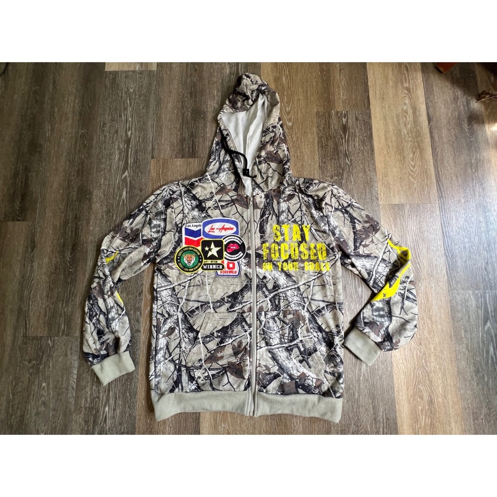 Romwe Camo Graphic Zip Up Hoodie Mens Large Brown Yellow‎ Flame Patchwork 1464